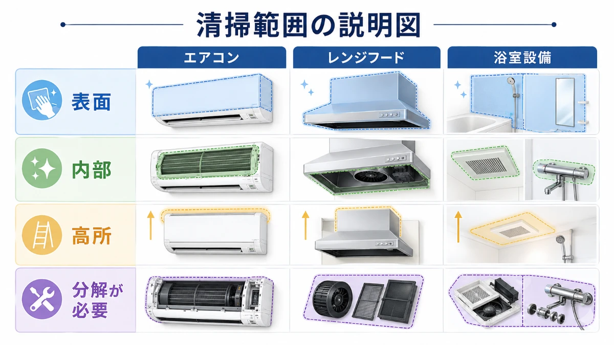 家庭掃除の表面範囲と内部高所など確認が必要な範囲を示す図