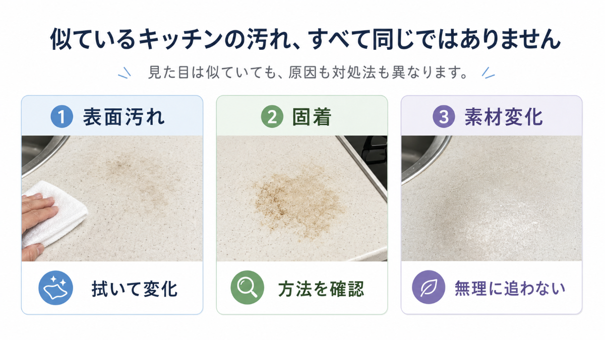 キッチン汚れを表面汚れ・固着・素材変化に分けた図