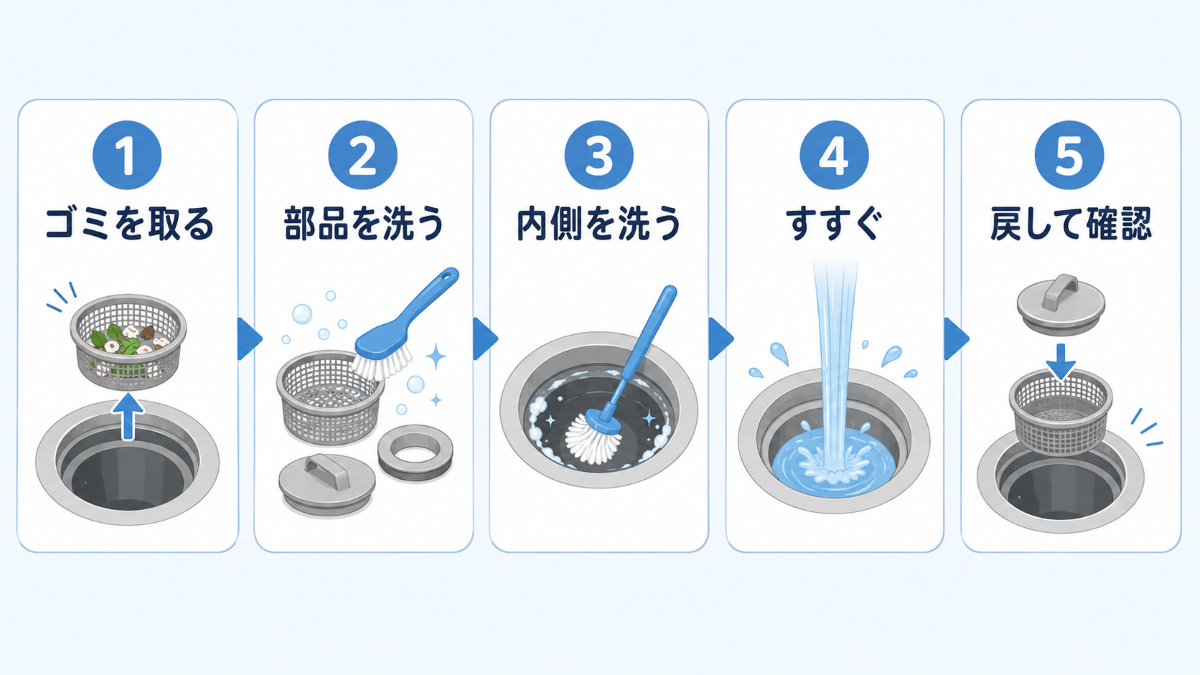 キッチン排水口掃除の5つの基本手順を示した図
