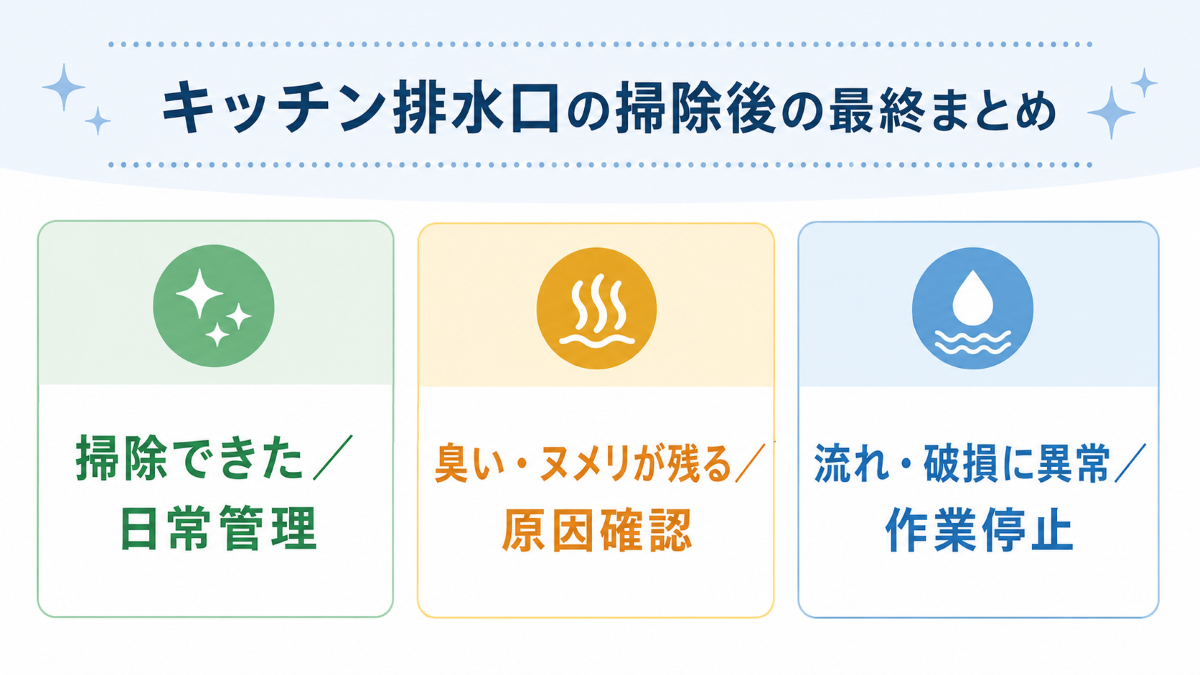 キッチン排水口掃除後の状態別に次の行動を整理した図
