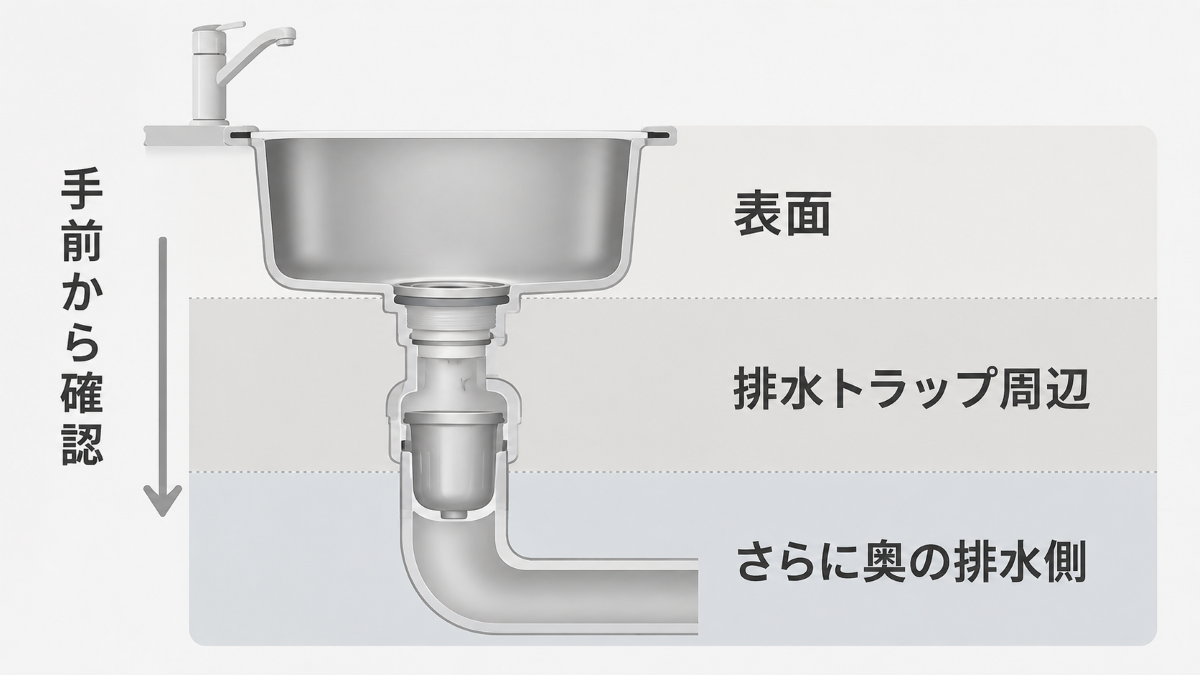 キッチン排水口の臭いが発生しやすい3つの場所を示した図