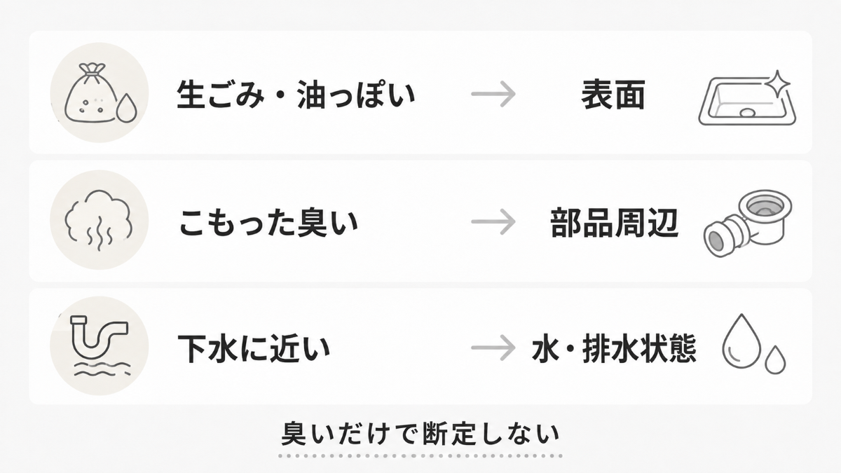 排水口の臭い方と最初に確認する場所を整理した図