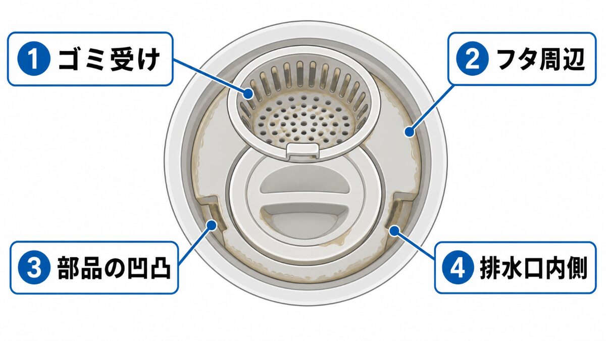 キッチン排水口でヌメリが付きやすい場所の確認図