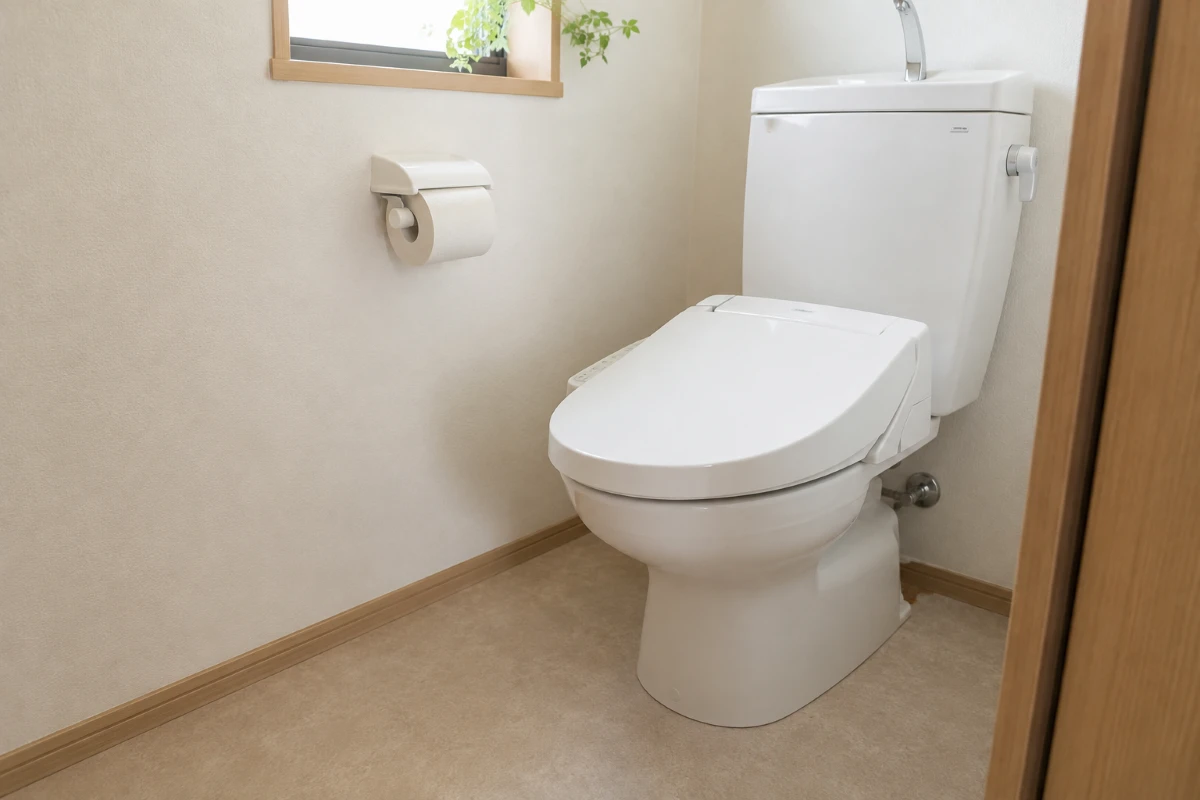 トイレの便器と床周辺を確認して掃除頻度を決める様子
