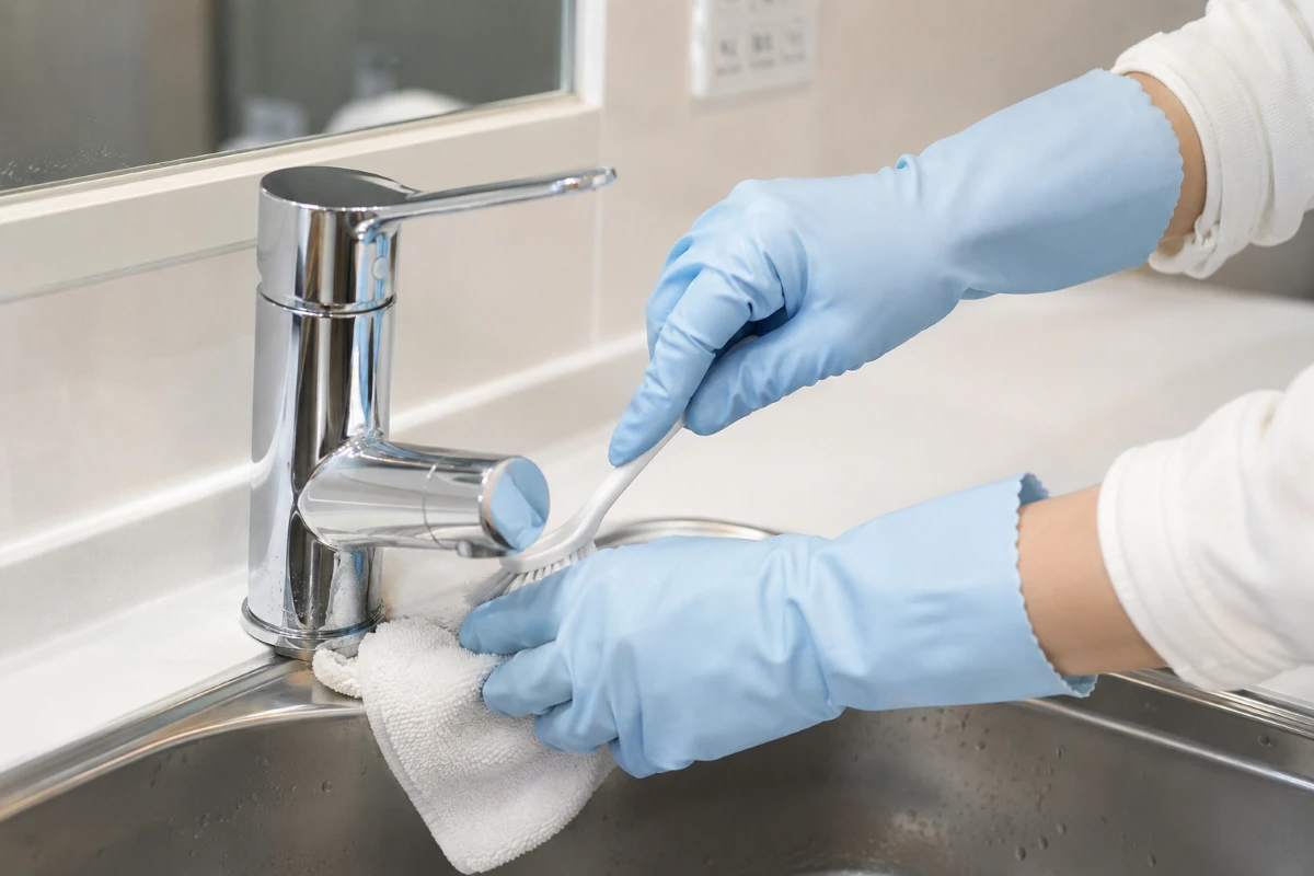 水回り設備を適切な道具を使って清掃している作業場面
