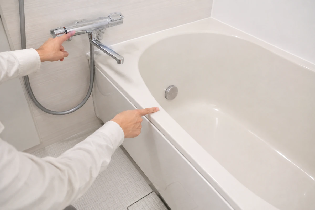 水回りクリーニング前に設備と作業範囲を確認している場面