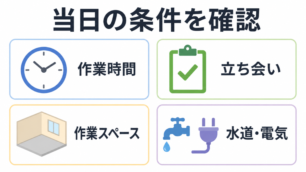 水回りクリーニング当日の時間・立ち会い・作業環境を整理した図解