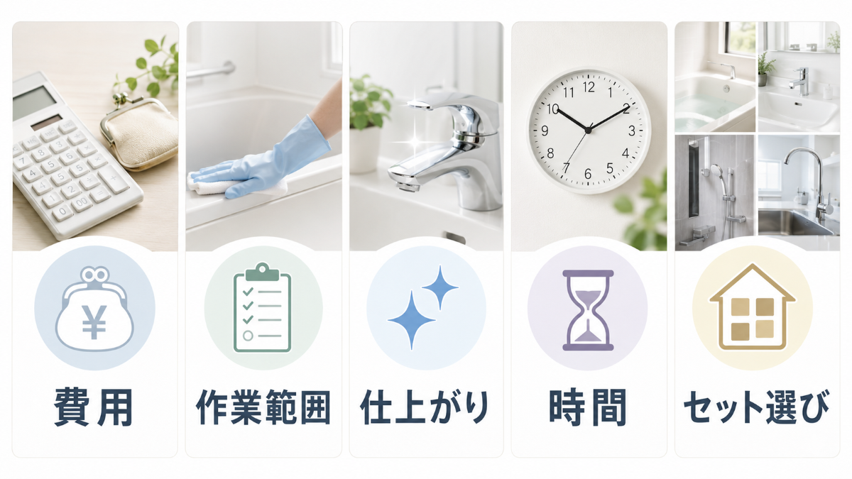 水回りクリーニングの5つのデメリットを費用・範囲・仕上がり・時間・セット選びで整理した図