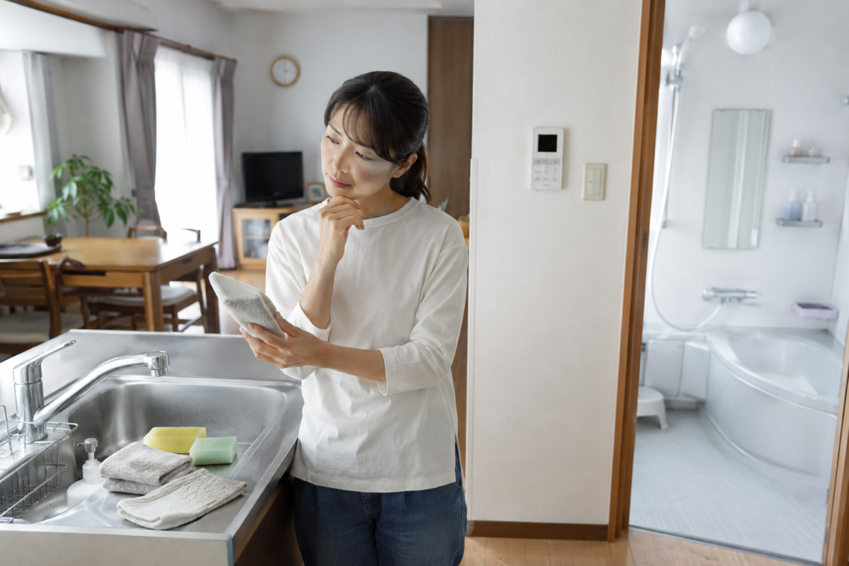 複数の水回りを自分で掃除する作業量を確認する様子