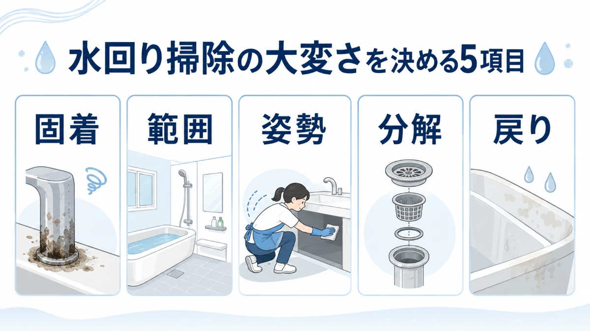 水回り掃除の大変さを固着範囲姿勢分解汚れの戻りで判断する5項目図