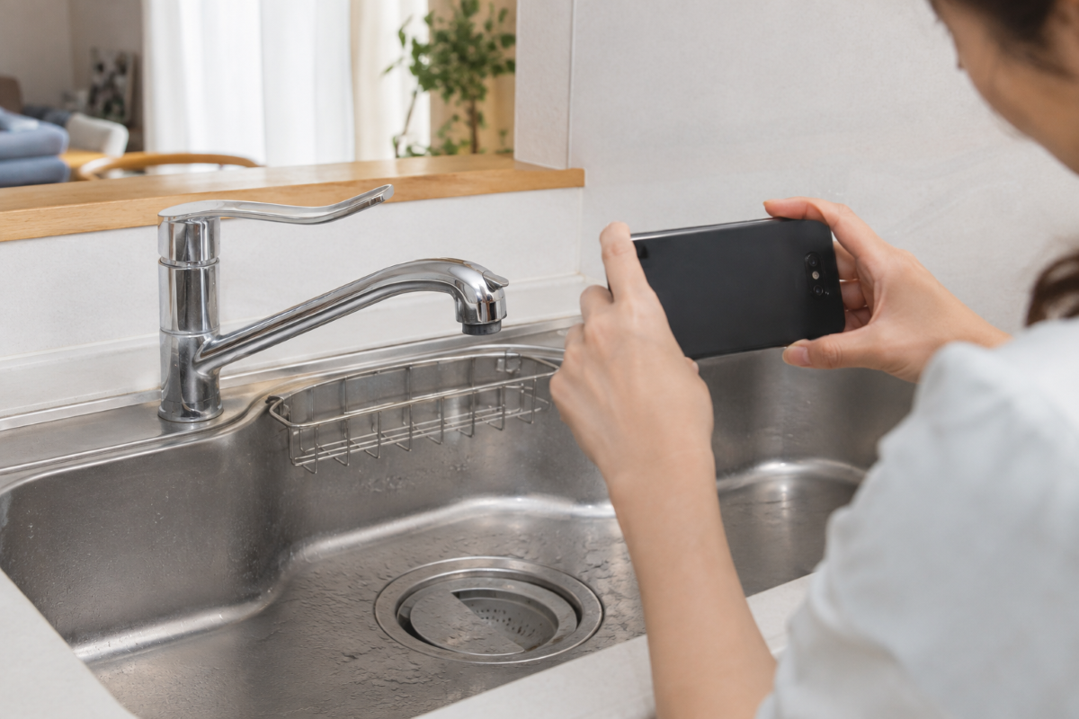 水回りクリーニングの相談前にスマートフォンで状態を撮影する様子