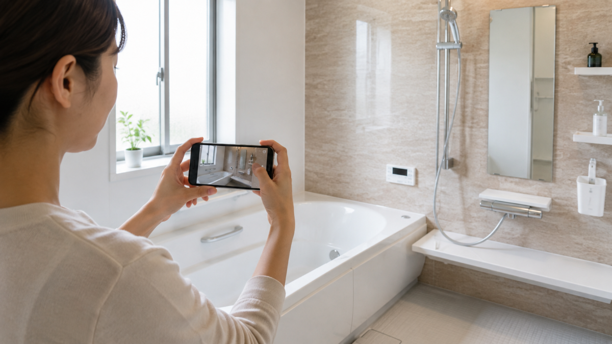 水回りクリーニングの相談前に気になる場所をスマートフォンで撮影している様子
