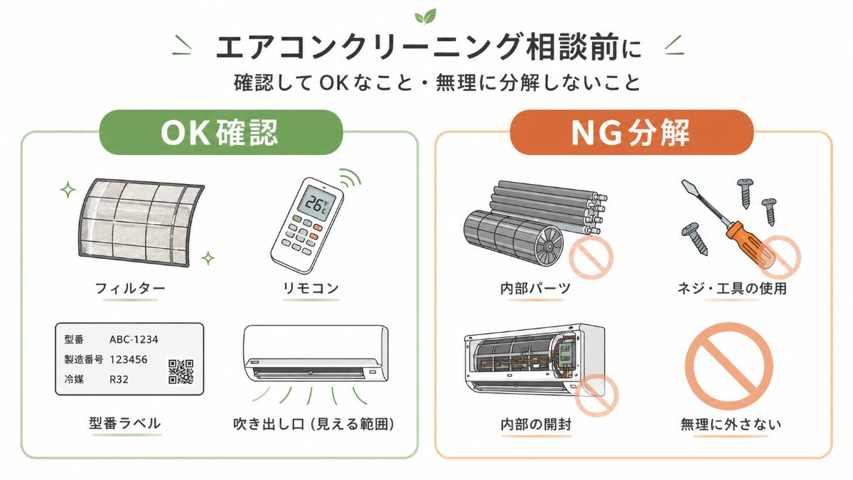 エアコン掃除で表面確認と無理な分解を分ける図解