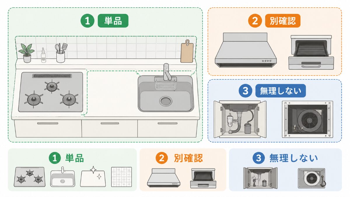 キッチンクリーニングで単品と別確認になりやすい範囲の図解