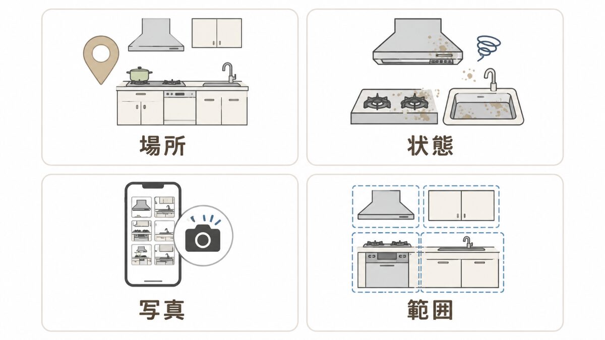キッチンクリーニング相談前に場所状態写真範囲を整理する図解