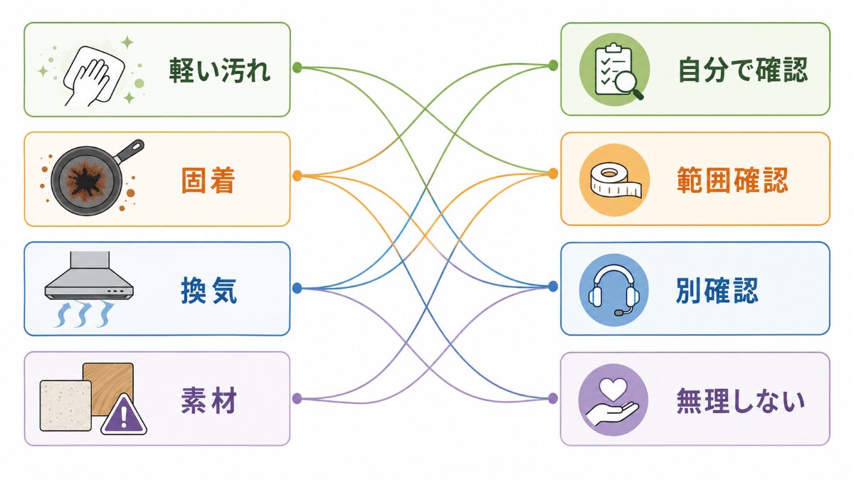 キッチン汚れの状態から単品相談や様子見を判断する図解