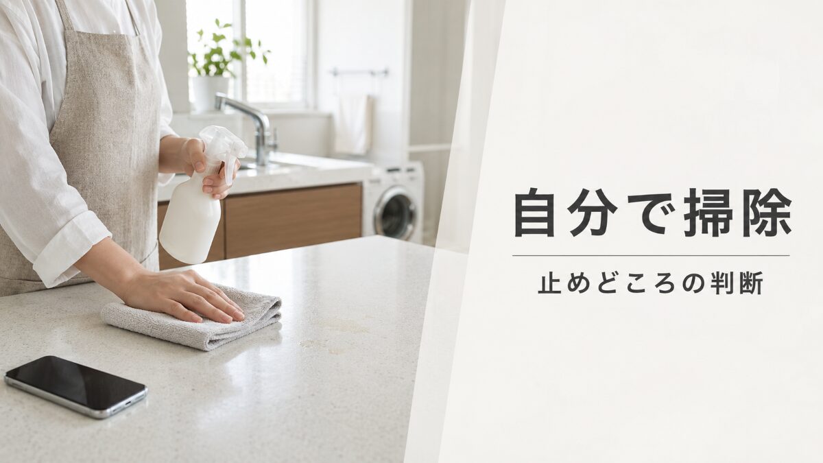 ハウスクリーニングを自分で進める範囲を掃除道具と写真で確認する様子