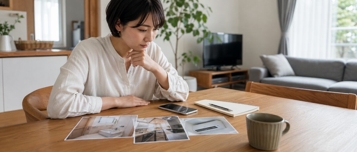 ハウスクリーニング依頼前にスマートフォンとメモで確認している様子