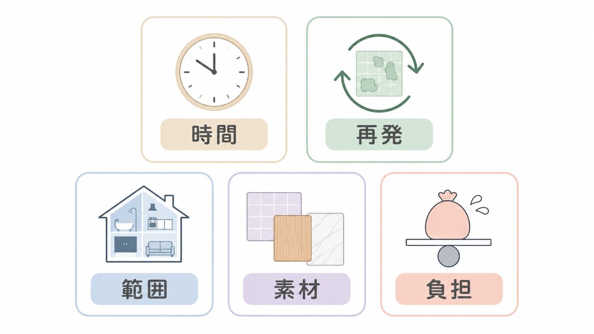 ハウスクリーニング依頼目安を時間再発範囲素材負担で整理した図表