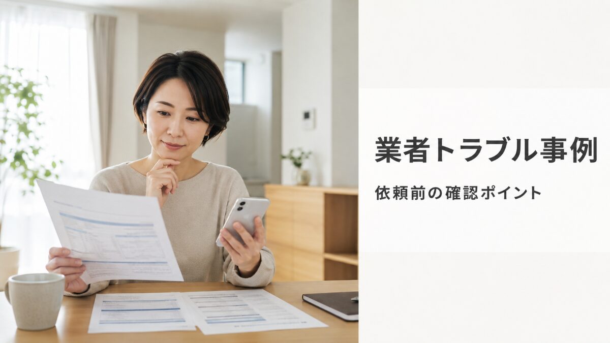 ハウスクリーニング業者トラブル事例と依頼前の確認ポイントを示すアイキャッチ