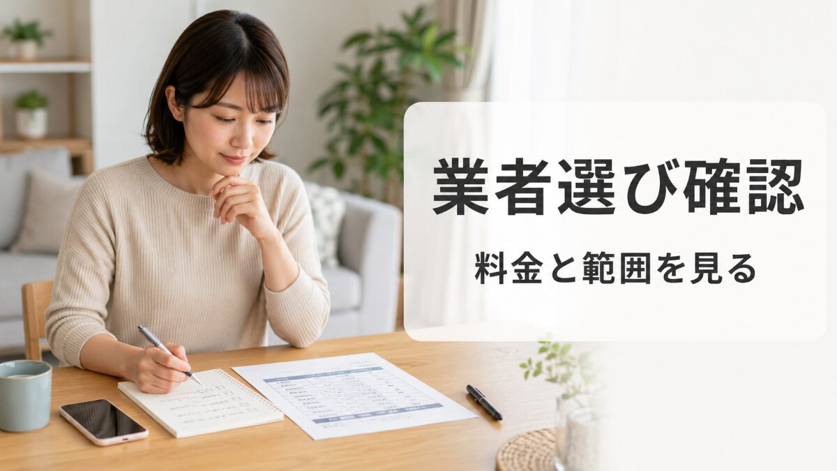 ハウスクリーニング業者選びの確認項目をスマホとメモで整理している様子