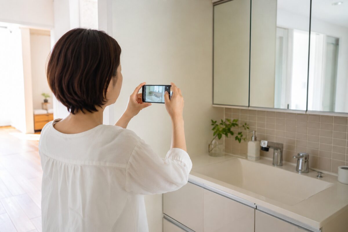 ハウスクリーニング相談前に気になる箇所をスマートフォンで撮影している様子