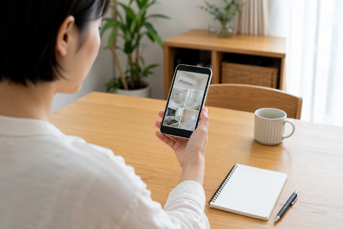 ハウスクリーニング相談前に気になる箇所をスマートフォンで確認している様子
