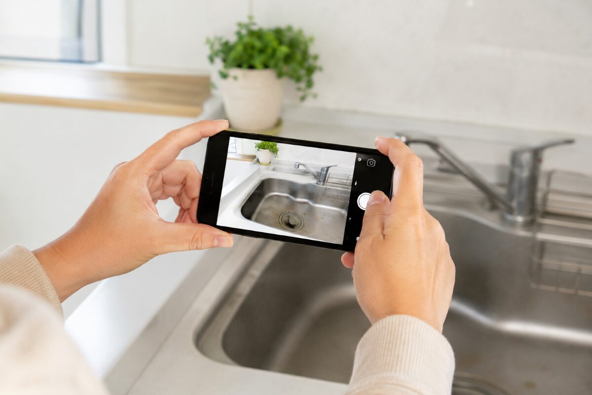 掃除を依頼する前に気になる場所をスマートフォンで撮影している様子