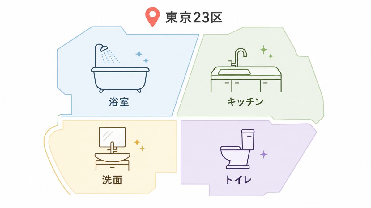 東京23区の水回りクリーニングで浴室キッチン洗面トイレを確認する図解