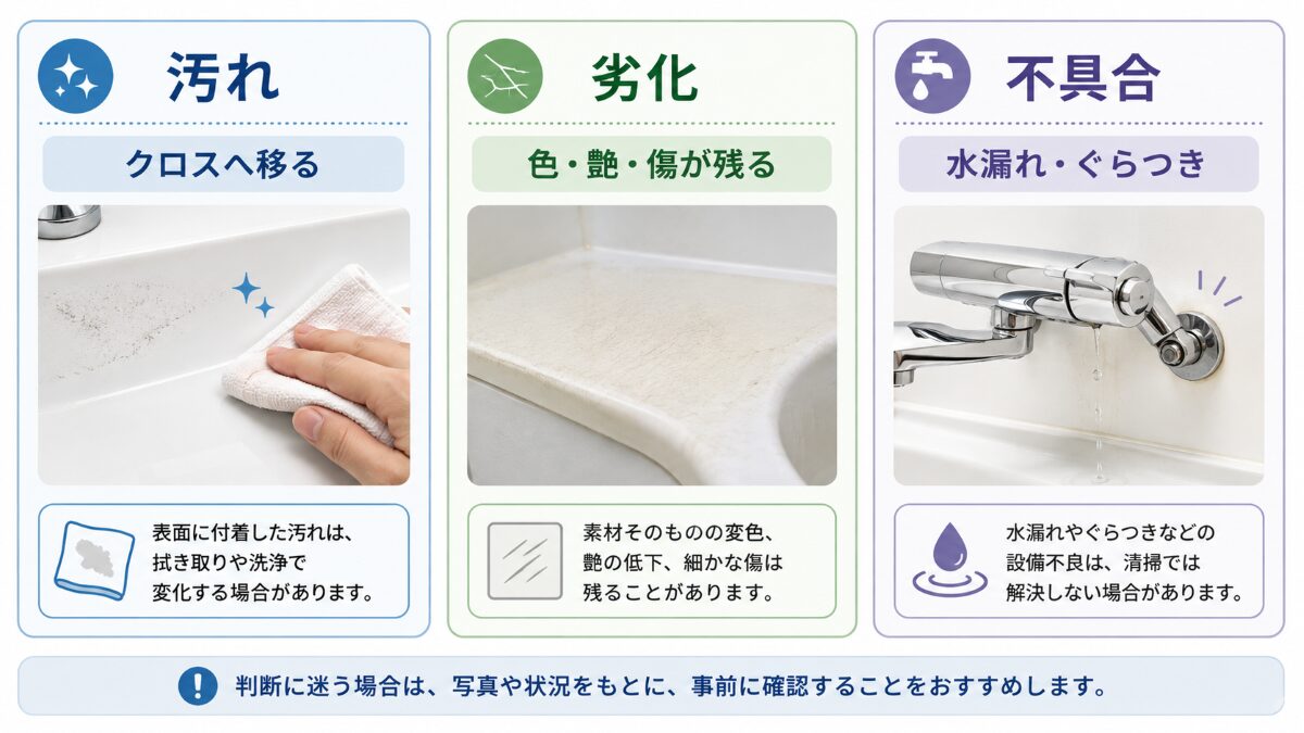 水回りの付着汚れ・素材劣化・設備不良の違い