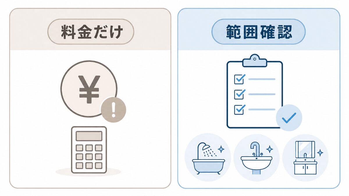 水回りクリーニングを料金だけで選ばず範囲確認する比較図
