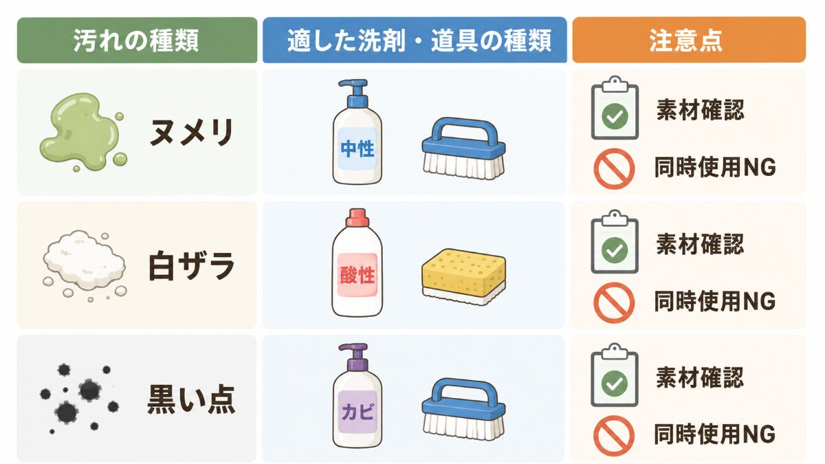 浴室床の汚れ別に中性洗剤酸性洗剤カビ取り剤を選ぶ比較表