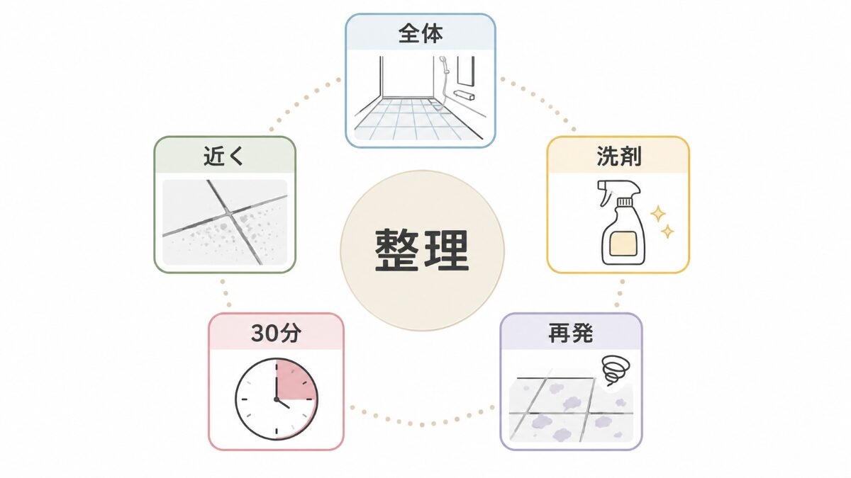 浴室床掃除後の相談前に全体近く洗剤30分再発を整理する図解