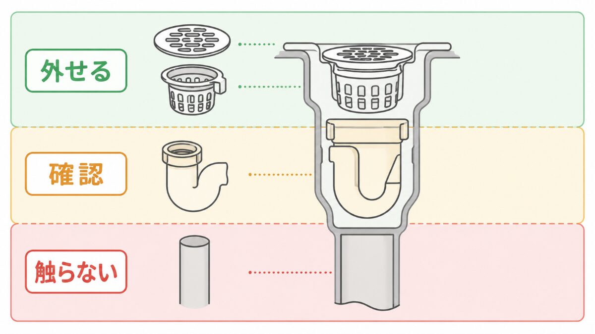 浴室排水溝掃除で外せる部品と触らない奥の配管を分ける範囲図