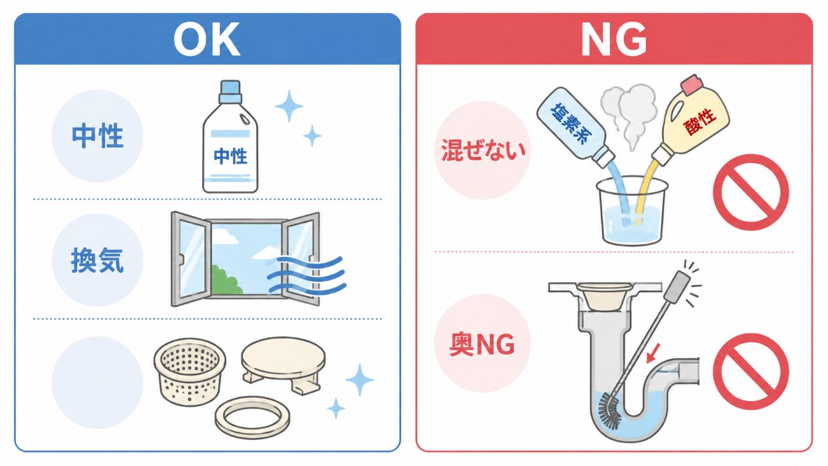 浴室排水溝掃除で洗剤を混ぜず奥の配管に道具を入れないNGOK図解