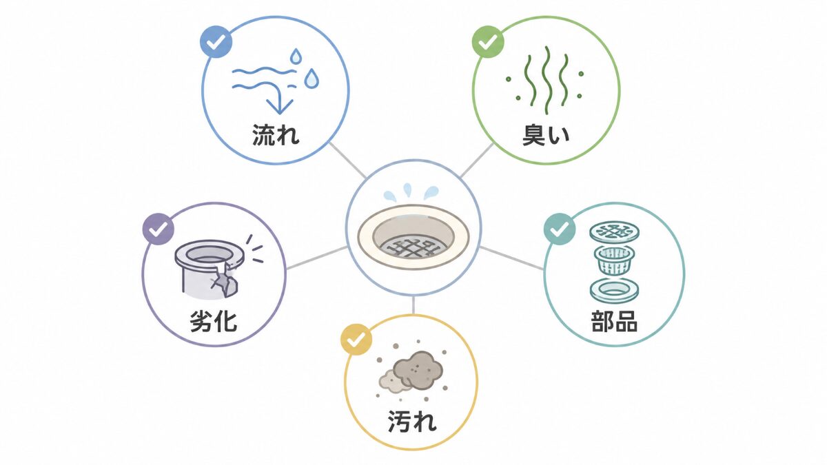 浴室排水溝掃除前に水の流れ臭い部品汚れ劣化を確認する図解