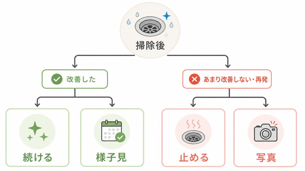 浴室排水溝掃除後に続ける様子見止める写真整理を分ける判断フロー