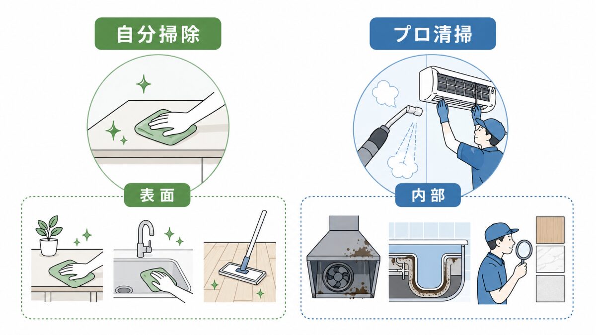 自分掃除とプロ清掃の対応範囲の違いを示す図解