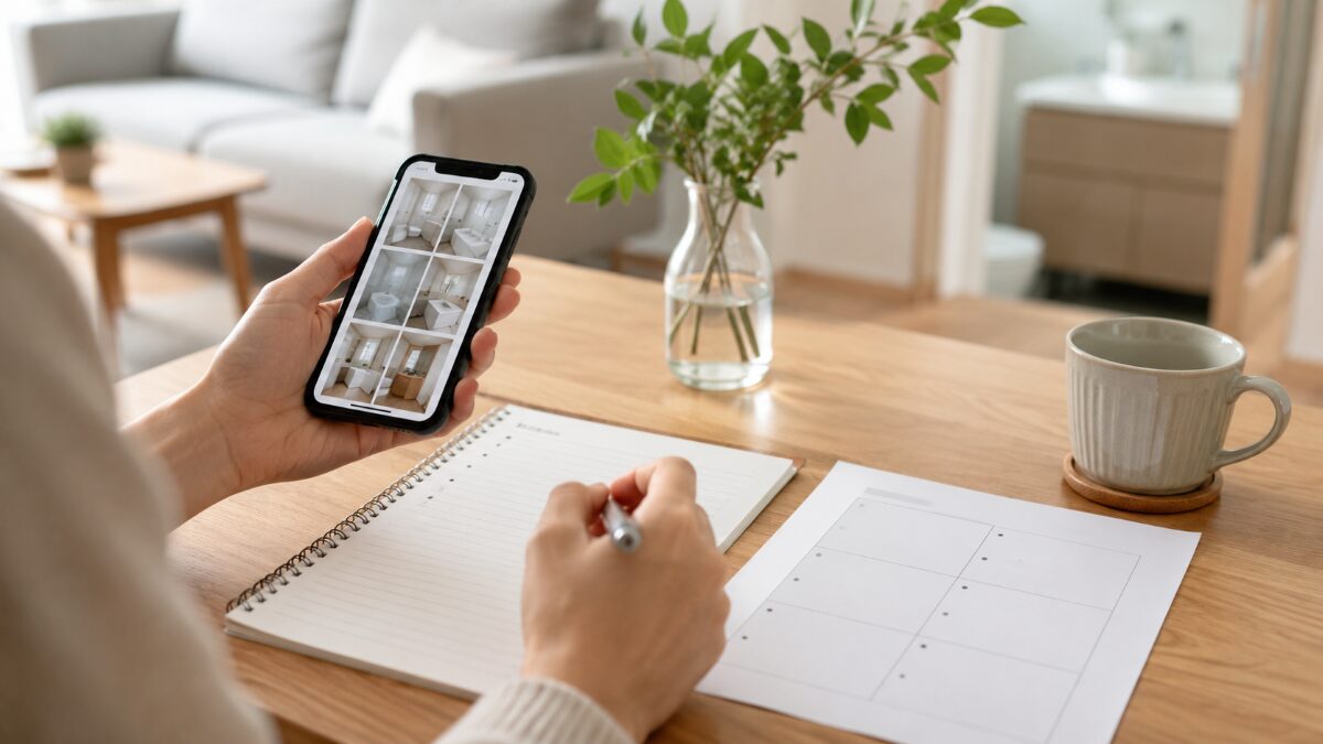 複数の掃除箇所をスマホとメモで整理している様子