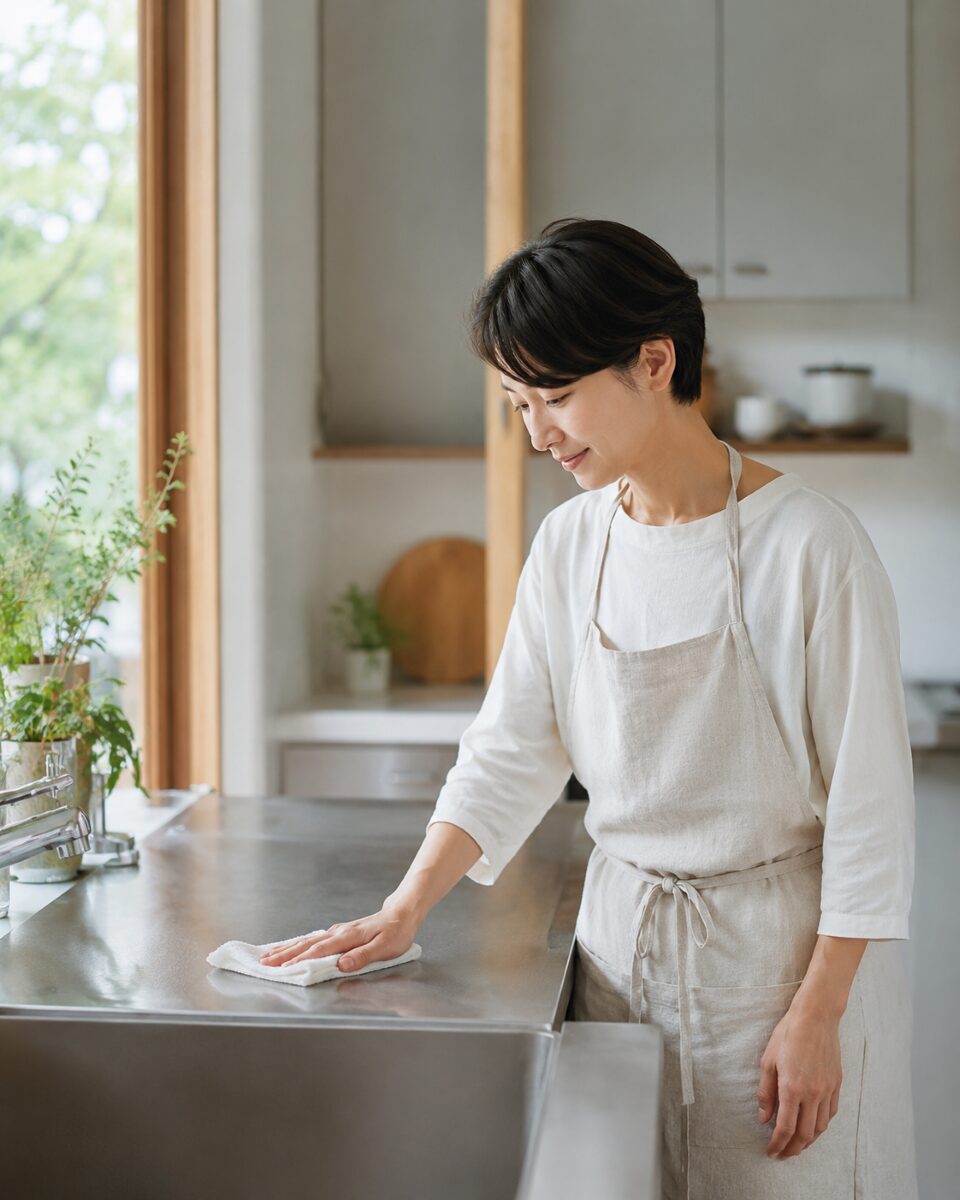 軽い汚れを自分で拭き掃除している様子
