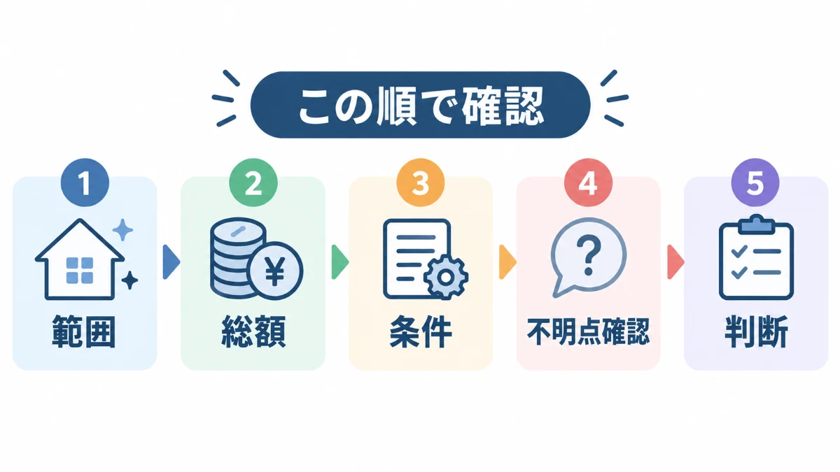 ハウスクリーニング料金が安いときに範囲・総額・条件の順で確認する図