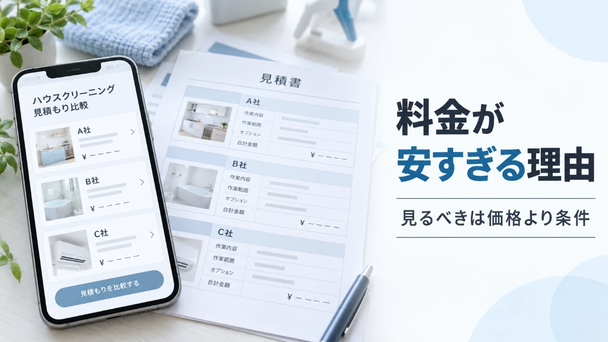 ハウスクリーニングの料金が安い理由と比較条件を確認する記事のアイキャッチ