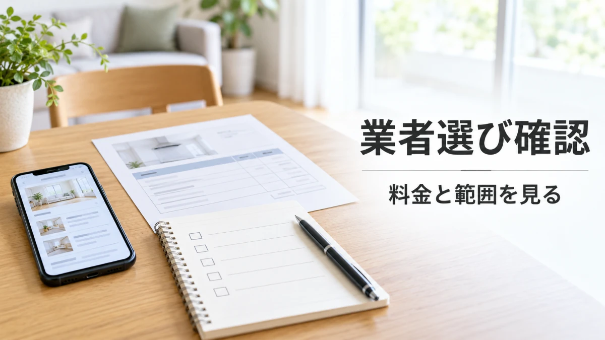 ハウスクリーニング業者選びの確認項目をスマホとメモで整理している様子