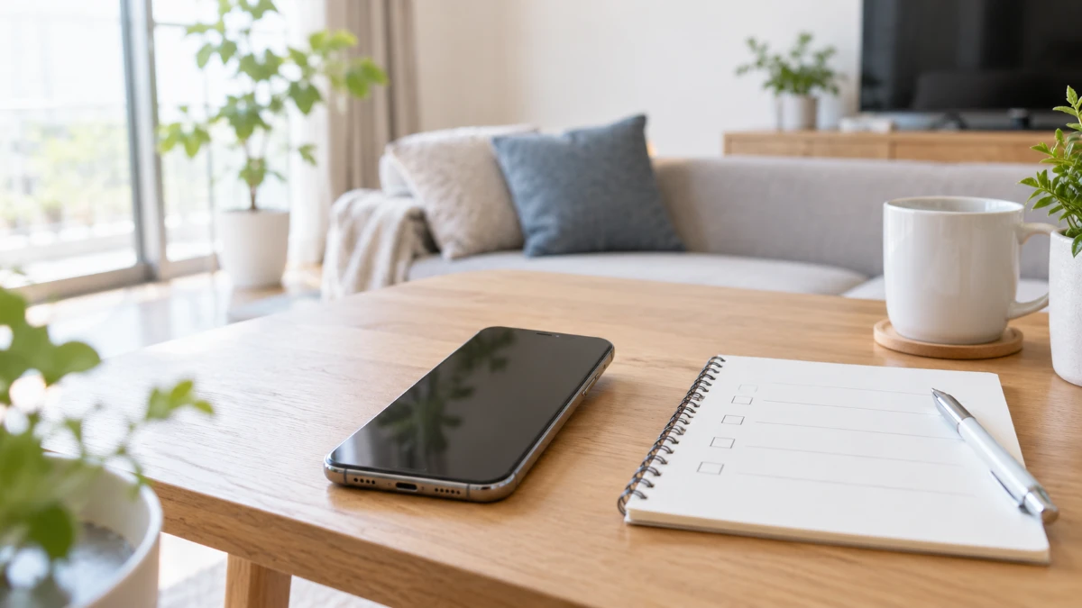 ハウスクリーニング業者の口コミや保証内容をスマートフォンで確認している様子