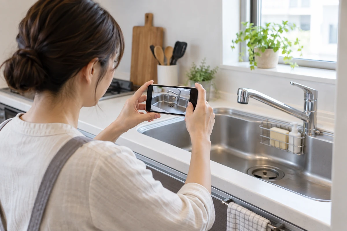 ハウスクリーニング相談前に気になる箇所をスマートフォンで撮影している様子