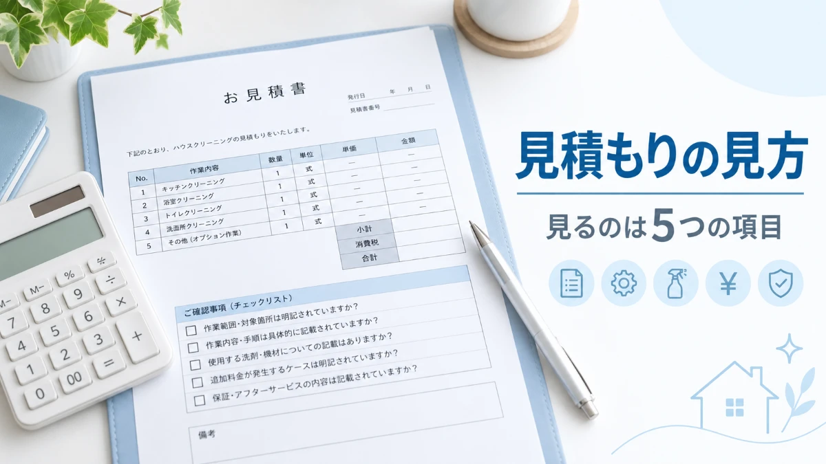 ハウスクリーニングの見積書と電卓を使って確認項目を見るイメージ
