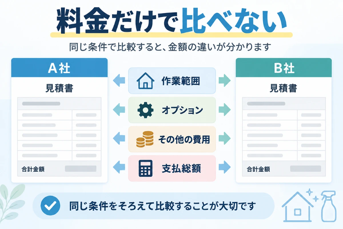 複数社の見積もりを作業範囲やオプションなど同じ条件で比較する図