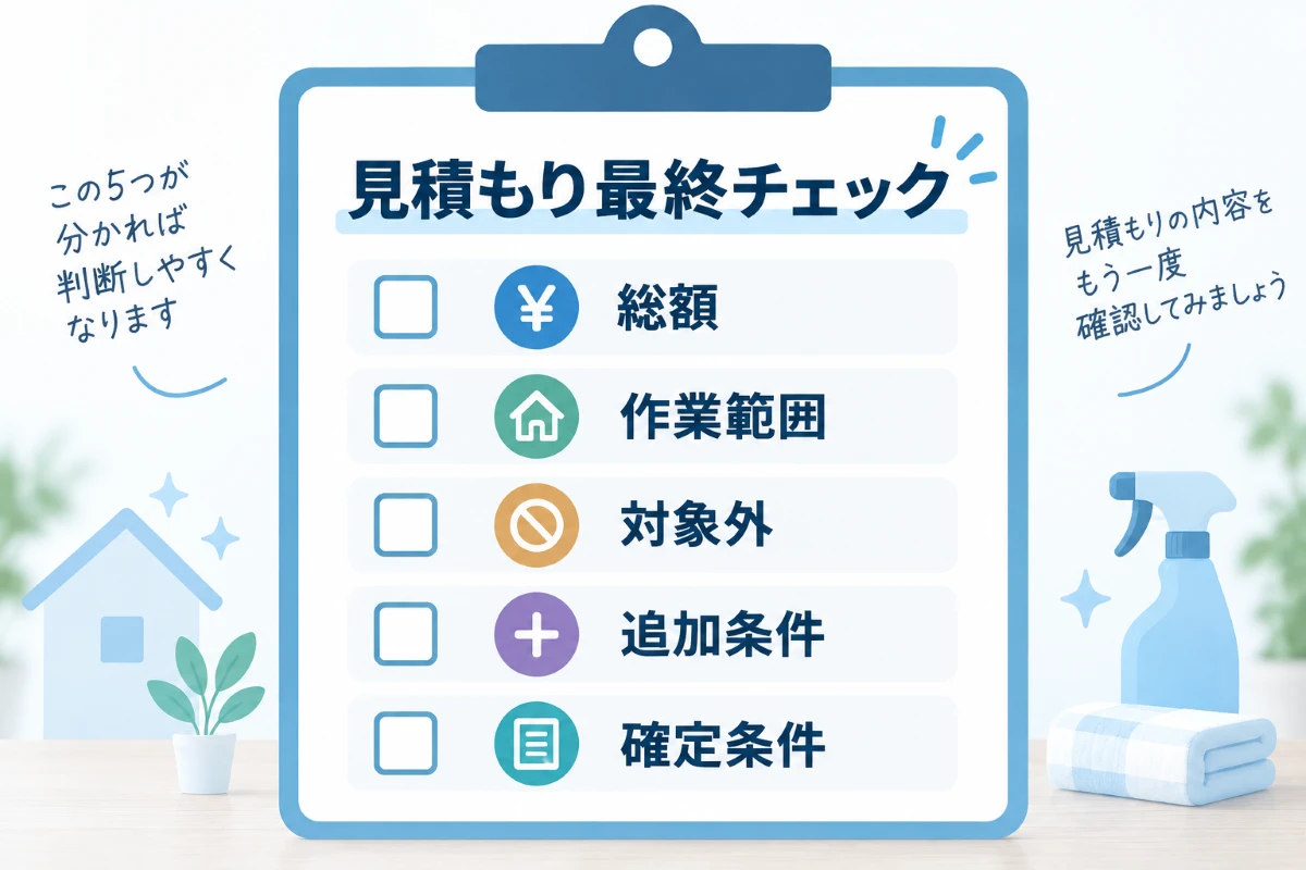 見積もりの総額・作業範囲・対象外・追加条件・確定条件を確認する最終チェック図