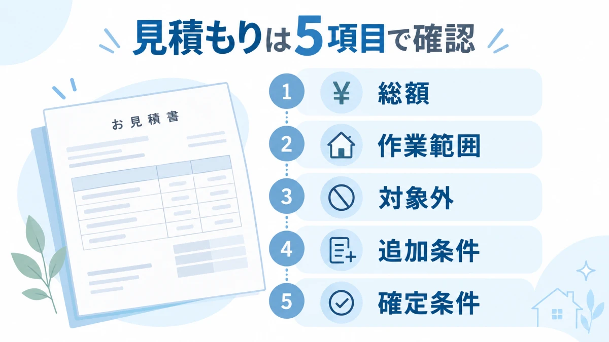 ハウスクリーニングの見積もりで総額・作業範囲・対象外・追加条件・確定条件を確認する図