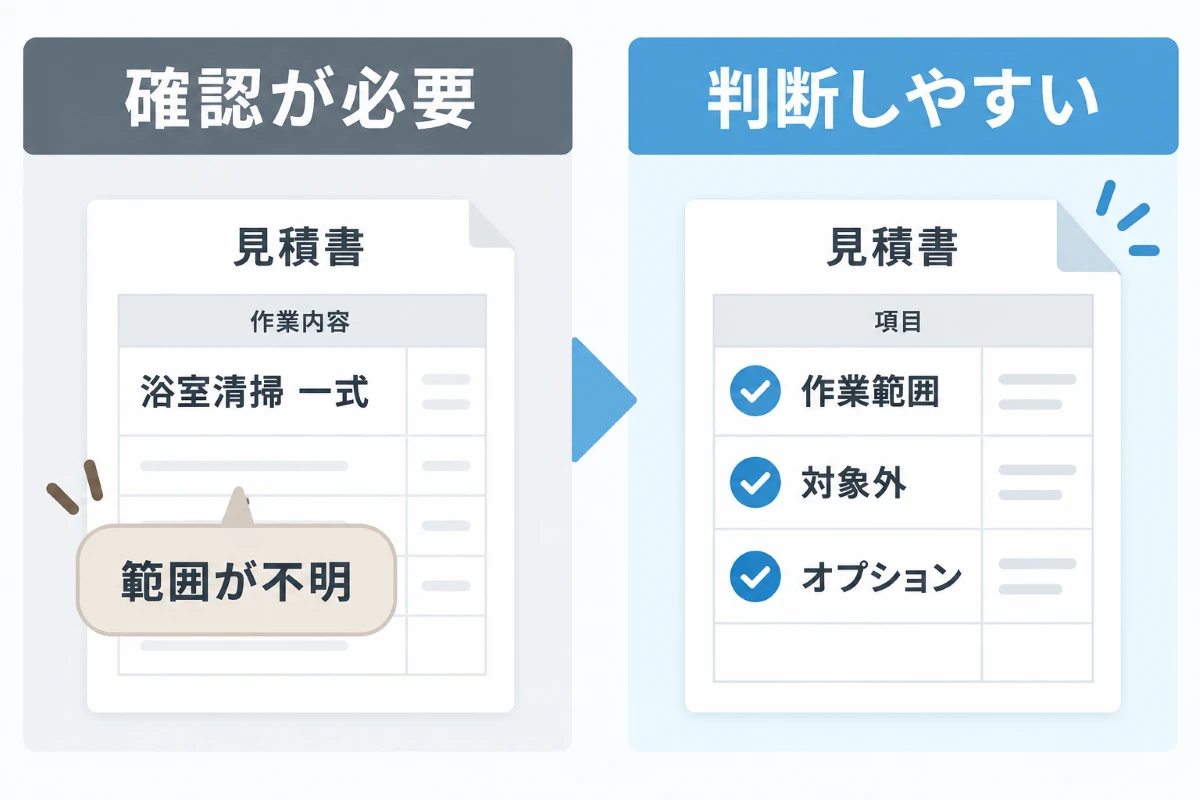 見積書の一式表記と作業範囲や対象外を具体的に確認できる記載を比較した図